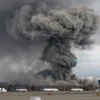 A massive cloud of volcanic ash from the Shiveluch volcano engulfing the airport in Petropavlovsk-Kamchatsky, with dark gray ash clouds spreading across the sky, aircraft on the ground covered in ash, and distant snowy mountains under a dim, overcast sky