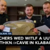 A realistic scene of Russian law enforcement officers in a modern office setting holding a large sack of caviar, with a news headline about poachers caught with nearly a ton of sturgeon caviar in Khabarovsk, no text or letters visible on the image