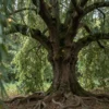 A mystical forest scene with a prominent, ancient-looking willow tree (Вьюн Зеленый) bathed in soft, dappled sunlight. The forest should have a slightly ethereal and magical atmosphere. Focus on the tree's branches and roots, suggesting its age and significance. Include subtle hints of nature's energy – perhaps glowing leaves or faint light particles. The overall mood should be serene and slightly mysterious.