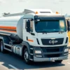 A modern fuel truck driving on a highway in the Ulyanovsk region, with fields and a distant city skyline in the background. The truck should be clean and well-maintained, representing efficiency. Focus on a clear, sunny day.