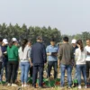 A group of 20 professionals in work attire collaborating outdoors in a rural setting, surrounded by greenery and agricultural tools, under a clear sky, with a sense of teamwork and community effort
