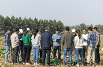 A group of 20 professionals in work attire collaborating outdoors in a rural setting, surrounded by greenery and agricultural tools, under a clear sky, with a sense of teamwork and community effort