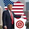 Donald Trump standing confidently in front of an American flag, gesturing towards a stylized map of Iran with a target symbol overlaid. The background should be a modern, slightly abstract cityscape.