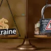 A split image showing a balance scale with a dollar sign on one side and a lock on the other, symbolizing financial aid and potential debt. One side of the scale is labeled 'Ukraine' with a mix of hope and uncertainty in the background, while the other side shows a large sum of money with chains and a warning sign. The style should be photorealistic to emphasize the gravity of the situation.