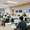 A modern administrative building with people interacting with services, such as filling out forms, using computers, and speaking with officials. Include a reception desk, digital screens, and a welcoming atmosphere. Show diverse individuals of different ages and ethnicities.