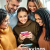 A modern, hopeful scene showing a diverse group of South Ural residents (men, women, different ages) smiling while interacting with a digital interface or bank app on a smartphone or tablet, symbolizing a new accessible housing savings program; background includes subtle architectural elements like a house or apartment building to represent housing goals, with warm, inviting colors and clear visibility of the interface screen