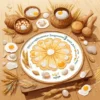 A traditional Russian folk calendar illustration showing symbolic omens for Finogen Day on July 29, 2026, featuring a wooden table with traditional omens like spilled salt, broken eggs, and a cracked mirror, surrounded by wheat sheaves and sun symbols, in a detailed illustration style