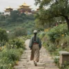 A serene pilgrim walking along a stone path surrounded by lush green hills, ancient temples with golden roofs visible in the distance, soft sunlight filtering through trees, peaceful atmosphere, traditional clothing, natural landscape with wildflowers