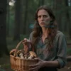 A woman in a forest at dusk, holding a basket of mushrooms, looking determined and slightly worried, surrounded by tall trees and soft evening light, with a sense of mystery and urgency in the air