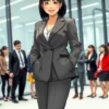 A modern Japanese woman in a business suit, standing confidently in a corporate office setting, symbolizing strength and leadership. She is surrounded by a diverse group of colleagues, indicating her influence and the breaking of gender barriers. The scene should convey a sense of empowerment and progress.