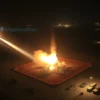 A nighttime aerial view of the US base in Kuwait, with explosions and smoke visible. Iranian missiles are shown streaking towards the base. Military vehicles and personnel are visible on the ground. Focus on the intensity of the attack and the scale of the base.