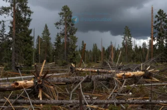 A storm-damaged forest in Mordovia with uprooted trees, broken branches, and scattered debris under dark stormy skies, showing nature's destructive power