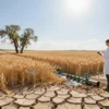 A vast Russian agricultural landscape under intense summer heat, showing cracked dry soil, wilted wheat fields, a few withered trees, a broken irrigation pipe leaking water, and a lone expert in a lab coat observing the scene under a bright sun and heat haze