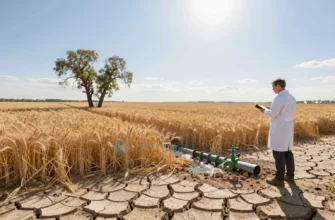 A vast Russian agricultural landscape under intense summer heat, showing cracked dry soil, wilted wheat fields, a few withered trees, a broken irrigation pipe leaking water, and a lone expert in a lab coat observing the scene under a bright sun and heat haze