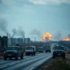 A large-scale military attack by Russia on Ukraine, showing smoke rising from damaged buildings, military vehicles on a road, and distant explosions in a war-torn landscape, with a somber sky and no visible faces or text