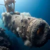 A deep-sea exploration scene showing a Japanese submarine or deep-sea vehicle lifting a massive, rusted metallic container covered in sediment from the ocean floor, with swirling plumes of dark mud and sediment rising into the water, surrounded by faint bioluminescent particles and deep blue ocean depths, conveying the retrieval of a large cache of rare earth metals