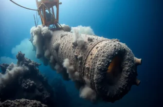 A deep-sea exploration scene showing a Japanese submarine or deep-sea vehicle lifting a massive, rusted metallic container covered in sediment from the ocean floor, with swirling plumes of dark mud and sediment rising into the water, surrounded by faint bioluminescent particles and deep blue ocean depths, conveying the retrieval of a large cache of rare earth metals