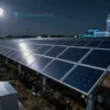 A futuristic Chinese solar power station operating at night, with glowing solar panels reflecting moonlight, advanced energy storage systems visible, and a modern technological landscape under a starry sky, symbolizing innovation in renewable energy