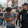 A realistic scene depicting a police officer detaining a man in a city street, with a crowd of onlookers in the background. The setting should be urban, with buildings and street signs visible. The man being detained appears distressed, and the police officer is in uniform. The scene should convey a sense of urgency and seriousness.