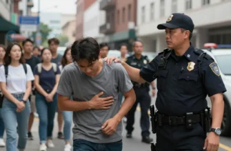 A realistic scene depicting a police officer detaining a man in a city street, with a crowd of onlookers in the background. The setting should be urban, with buildings and street signs visible. The man being detained appears distressed, and the police officer is in uniform. The scene should convey a sense of urgency and seriousness.