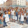 A detailed illustration of a city street with a diverse group of people receiving hot water services, some smiling and others frustrated, with a list of addresses visible on a board in the background, symbolizing unequal access to utilities