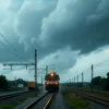 A dramatic scene showing a train stopped on railway tracks in the Rostov region during a severe storm, with dark storm clouds, heavy rain, and strong winds visible, emphasizing the impact of the hurricane and downpour on transportation infrastructure