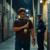 A man in casual clothing holding a bottle of cheap alcohol, standing in a dimly lit alleyway with a police officer approaching him. The scene should depict a tense moment of arrest, with the man looking surprised or nervous. Include urban background elements like graffiti walls and streetlights.