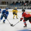 A dynamic scene of amateur ice hockey players in action on an indoor rink in Smolensk, featuring players in colorful jerseys skating, passing, and shooting a puck, with a crowd of spectators in the background and bright arena lighting, capturing the energy and development of local sports
