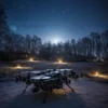 A modern air defense system in the Pskov region of Russia successfully intercepting multiple small quadcopter drones at night, illuminated by searchlights and anti-aircraft missiles, with a dark rural landscape and distant village lights in the background, showing precise targeting and explosion effects