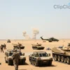 A military base in Kuwait with American soldiers and military equipment, including tanks and helicopters, under a clear sky. In the background, there is a distant explosion and smoke rising, indicating an attack. The scene should convey tension and urgency.