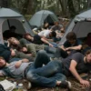 A collapsed camping site with approximately 20 people trapped inside, showing the ruined structures and distressed individuals, dramatic lighting, realistic details, no text or symbols
