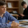A university student in a rural town of Rudnya, Smolensk region, being investigated for allegedly selling bank cards, depicted in a realistic photo style showing a young adult in a university setting with subtle investigative elements like police documents or a laptop screen showing financial transactions, no text or numbers visible