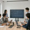 A modern, clean office interior. A diverse group of people are collaborating around a large table, looking at a digital display showing mathematical equations and diagrams. The atmosphere is professional and focused. Natural light streams in from large windows.