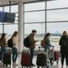 A busy airport terminal in Volgograd with passengers waiting in line, some looking at flight information screens, others talking on phones or checking luggage. Outside the terminal window, a view of a cloudy sky and a distant airplane taxiing on the runway. The scene should show a mix of people, luggage carts, and airport staff assisting travelers.