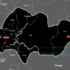 A map of Ulyanovsk region showing areas without electricity, with a clear visual indicator like a dark or unlit zone, no text, no letters, no digits, no people, no buildings, no symbols