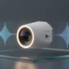 A futuristic camera device floating above a reflective glass surface, emitting soft glowing light, surrounded by subtle holographic waveforms and abstract data streams, representing advanced technology measuring sound levels
