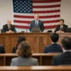 A courtroom scene with jury members in a formal setting, solemn expressions, wooden benches, American flag in the background, lawyers and judge at the table, no visible faces of defendants