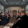 A dramatic courtroom scene in a modern U.S. courthouse, showing a judge, lawyers, and journalists with tense expressions, background featuring American flags and subtle references to bomb threats, muted color palette, realistic lighting