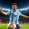 A dynamic, photorealistic scene of Lionel Messi on a World Cup soccer field, skillfully passing the ball to a teammate who scores a goal. The stadium is filled with cheering fans, bright lights, and the iconic World Cup trophy visible in the background. Emphasize Messi's focused expression, his Argentine jersey, and the moment of the assist, capturing the excitement of the historic 10th assist record.