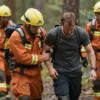 A rescue team member helping a man in a forest. The man appears relieved and is being assisted to walk. Other rescue team members are visible in the background. Focus on the human connection and the relief of the situation.