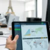 A modern AI platform interface displayed on a tablet or computer screen, showing soil health metrics and data visualizations like graphs and maps, set in a professional laboratory or office environment in Chelyabinsk with subtle regional architectural elements in the background