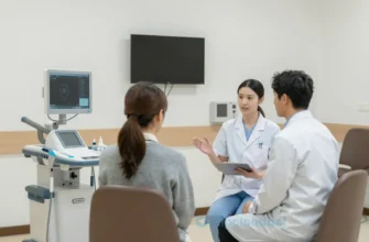 A specialized neurology clinic room in a central hospital, equipped with modern medical devices, comfortable seating for patients, wall-mounted diagnostic monitors, and a professional healthcare provider in a white coat consulting a patient. The room is clean, well-lit, and calm, with neutral tones and minimalistic design to promote a soothing environment.