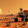 A Martian rover exploring a rocky, reddish landscape. In the background, impact craters of varying sizes are visible, indicating ancient asteroid bombardments. Dust particles are subtly floating in the thin Martian atmosphere. The rover should be detailed and realistic, reflecting the technology used in current Mars missions.