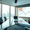 A modern corporate office setting featuring a sleek meeting room with a glass table and ergonomic chairs, a large window showing a city skyline, and a large screen displaying a financial chart with a highlighted price tag of 2.1 million rubles, subtle branding elements of the company 'Теплоком' visible on a plaque or logo, professional atmosphere, neutral color palette