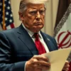 A serious-looking man resembling Donald Trump in a formal suit, standing in a diplomatic setting with flags of the United States and Iran in the background, holding a document, with a tense but restrained atmosphere suggesting de-escalation, no weapons or violence depicted