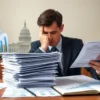 A professional office setting featuring a person in a business suit thoughtfully reviewing a stack of financial documents and spreadsheets, with visible charts and graphs floating nearby, and a subtle silhouette of a government building in the background, conveying the atmosphere of a thorough budget audit