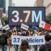 A large crowd of diverse people gathered in a modern city square, holding flags and banners that read '3.7 million subscribers' in bold Cyrillic text, with a prominent digital counter displaying 3.7M, stylized as a celebration of unity and community, vibrant colors, dynamic composition, no text or numbers on the image itself