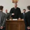 A courtroom scene with a judge delivering a verdict, a defendant in handcuffs, and a somber atmosphere, symbolizing justice served for the victims of the Balashikha poisoner who killed nine people