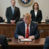 A courtroom scene with Donald Trump sitting at a table, looking serious. Several people are present, including lawyers and judges. The atmosphere is tense and formal.