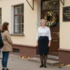 A serene outdoor scene in Voronezh, Russia, featuring a middle-aged woman in academic attire (blouse and skirt) standing beside a university building with a wreath on the door, surrounded by autumn leaves and a small crowd of students and faculty paying respects. Include a plaque or memorial sign with text honoring her 57 years of service to Voronezh State University.